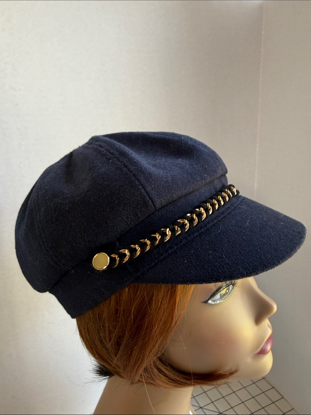 Eugène August Hat Co Navy Newsboy Cap Women’s Fiddler Greek Fisherman Chain Hat
